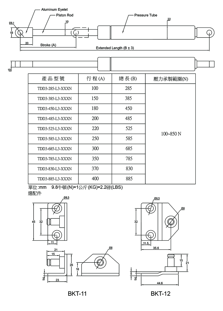 10mmX22mm Dynamic Gas Spring TDD3-L3 Series