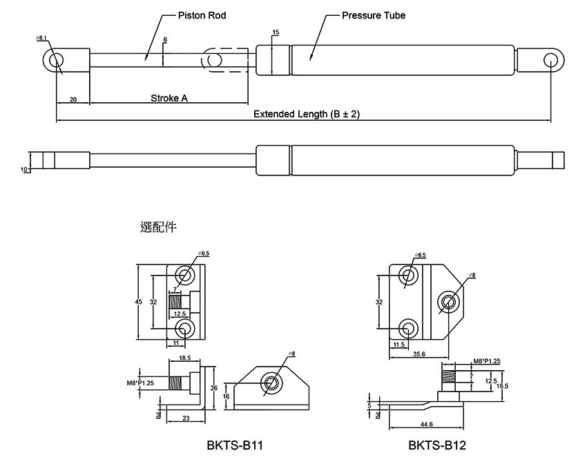 6mmX15mm 不鏽鋼氣壓棒/氣壓挺桿 (TAS-L5SM608 系列)