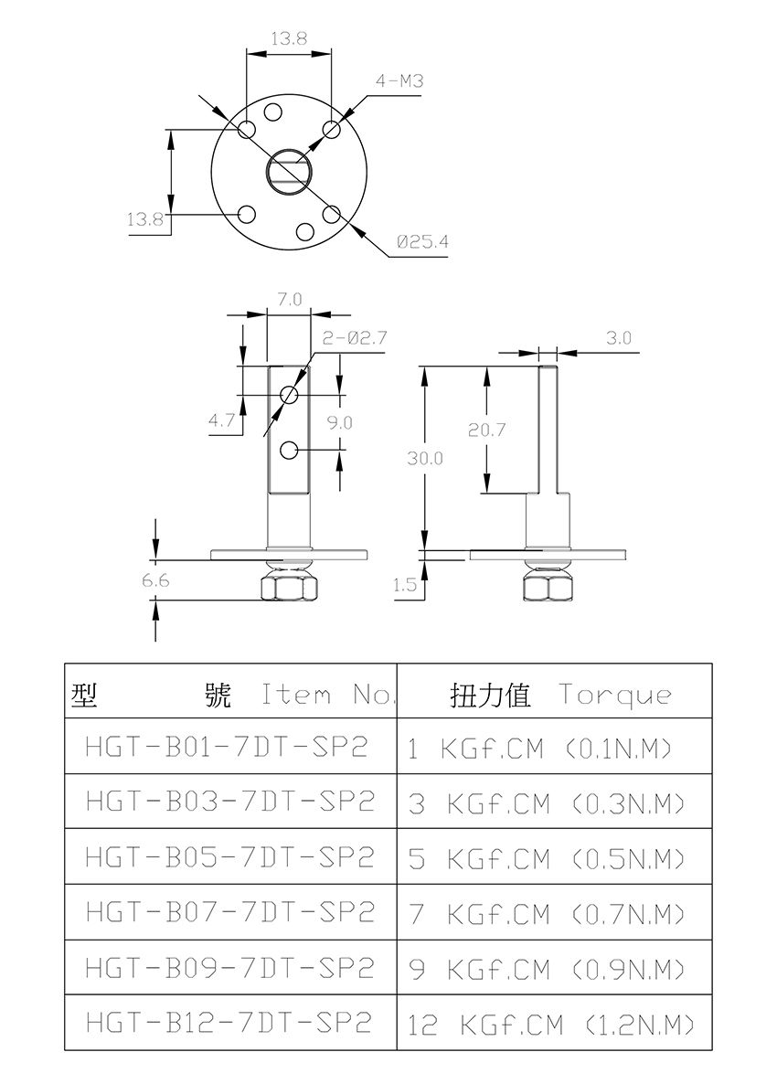 恆定扭力型定位轉軸 HGT-Bxx-7DT-SP2系列