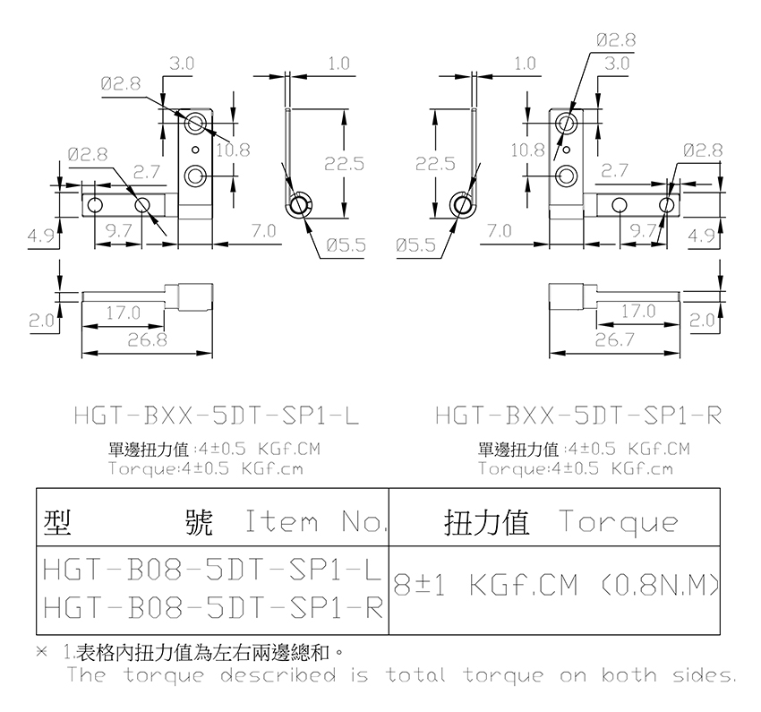 恆定扭力型定位轉軸 HGT-Bxx-5DT-SP1系列