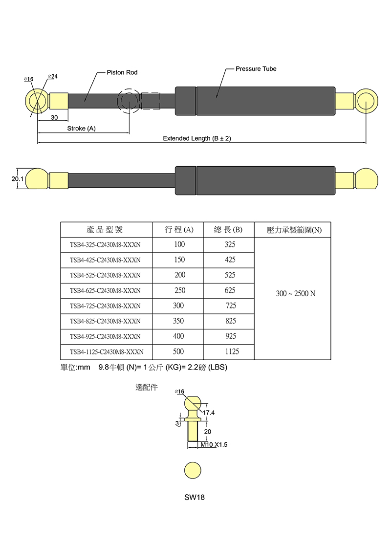 14mmX28mm 氣壓棒/氣壓挺桿 (TSB4-C2430M8 系列)